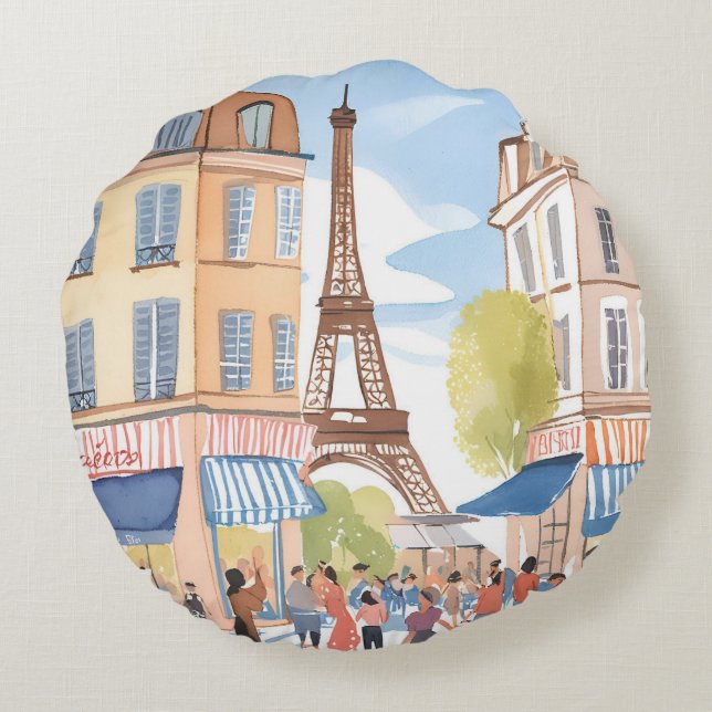 Paris Frankrike Eiffeltornet | Akvarell Resa Rund Kudde (Baksidan)