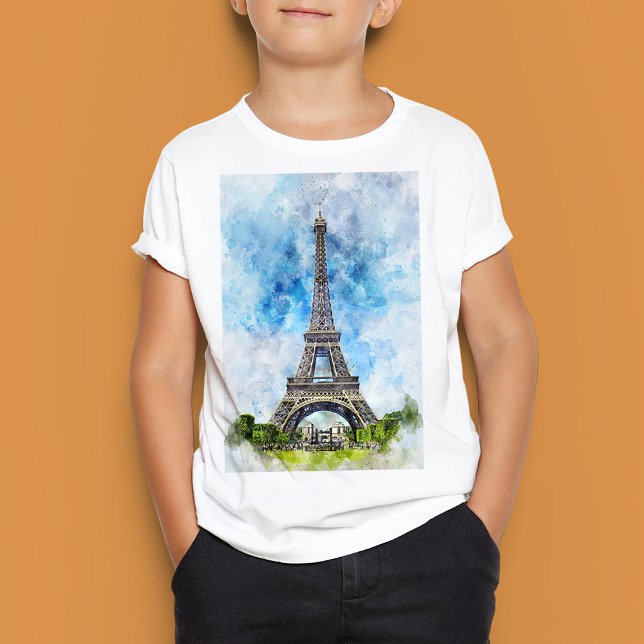Paris Frankrike Eiffeltornet Akvarell T Shirt (Paris France Eiffel Tower Watercolor. Boy Basic White T-Shirt)