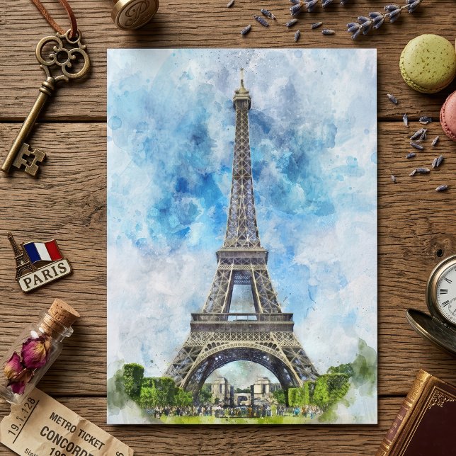 Paris Frankrike Eiffeltornet Akvarell Tack Kort (Paris France Eiffel Tower Watercolor. Thank You Card)