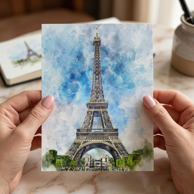 Paris Frankrike Eiffeltornet Akvarell Vykort (Paris France Eiffel Tower Watercolor. Postcard)