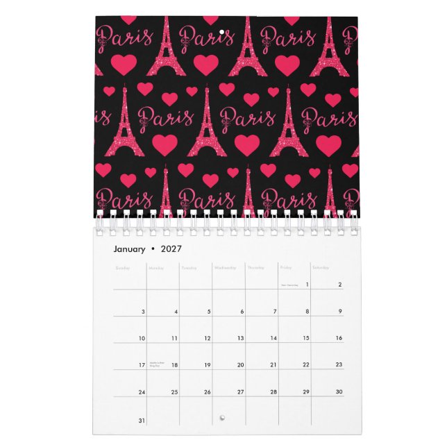 Paris Frankrike Eiffeltornet Rosa Hjärtan Glitter Kalender (Jan 2027)