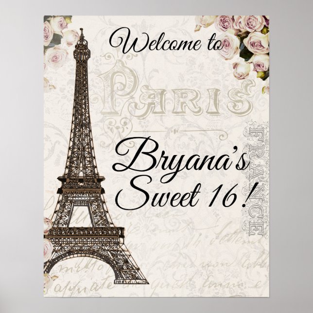 Paris Frankrike Eiffeltornet Rosa Rosor Chic Glamo Poster (Framsidan)