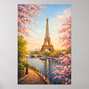 Paris Frankrike Eiffeltornet Vintage Körsbärsblomm Poster