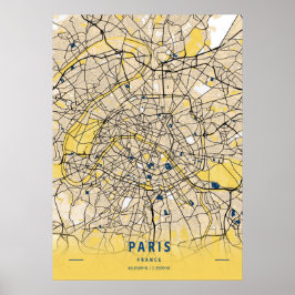 Paris - Frankrike Gult City Karta Poster