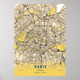 Paris - Frankrike Gult City Karta Poster