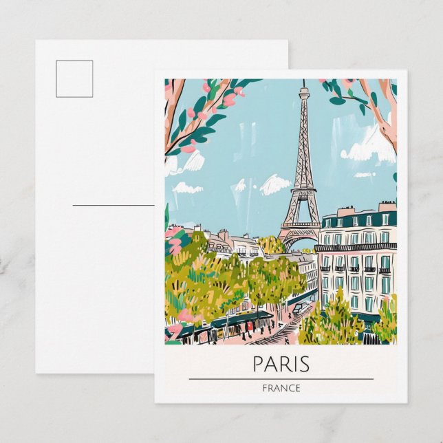 Paris Frankrike Konst Illustration Resa Vykort (Fram/baksida)