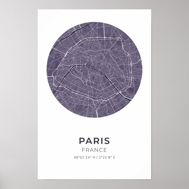 Paris Frankrike Lila Circle Karta Poster (Framsidan)