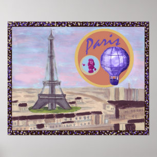 Paris Frankrike med Eiffel Torn, rosa pudel och h Poster
