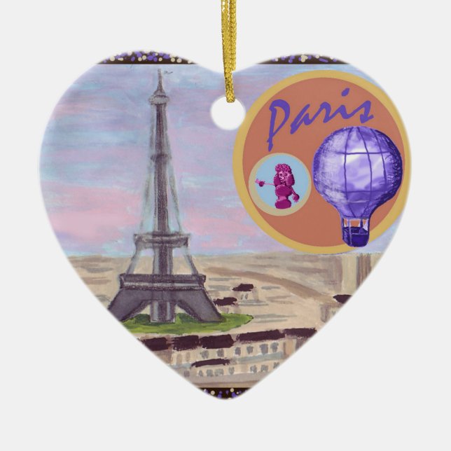 Paris Frankrike med Eiffel Torn Rosa Pudel och het Julgransprydnad Keramik (Framsidan)