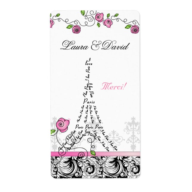 Paris Frankrike Merci Label Eiffel Torn Rosa ros Fraktsedel (Framsidan)