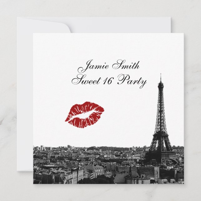 Paris Frankrike Siluett Kyss #1 BW Sweet 16 Inbjudningar (Framsida)