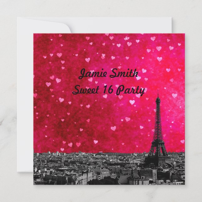 Paris Frankrike Skyline #1 Shock rosa Red Sweet 16 Inbjudningar (Framsida)
