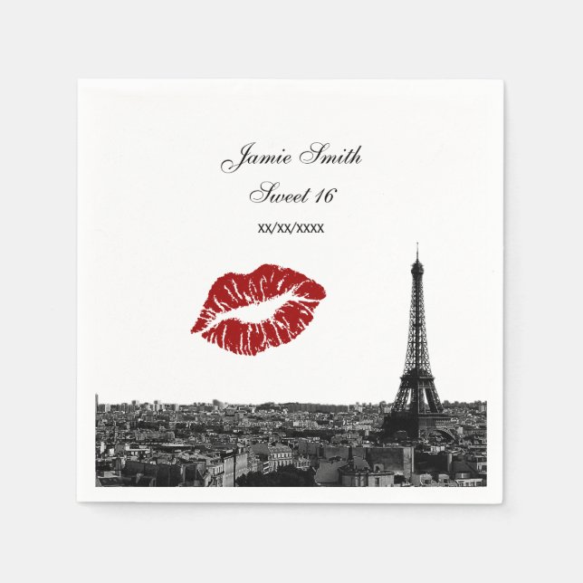 Paris Frankrike Skyline Kiss #1 BW Sweet 16 Pappersservett (Framsidan)