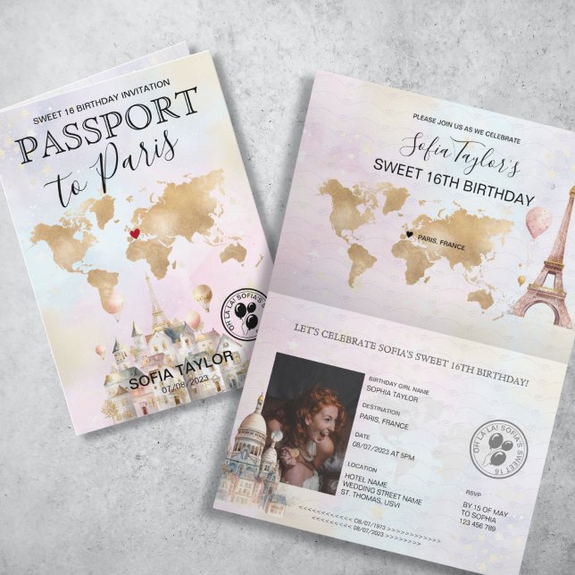Paris Frankrike Sweet 16 Birthday Passport Inbjudan (pastel color passport with gold world map and Paris illustrations sweet 16th birthday invitation)