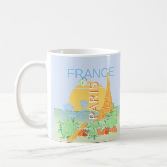 Paris, Frankrike, Travel Art, Preppy, Pastel, Blue Kaffemugg (Vänster)