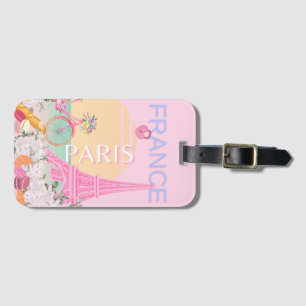 Paris, Frankrike, Travel Art, Preppy, Pastel, Rosa Bagagebricka