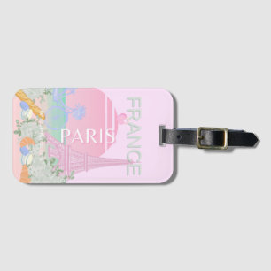 Paris, Frankrike, Travel Art, Preppy, Pastel, Rosa Bagagebricka