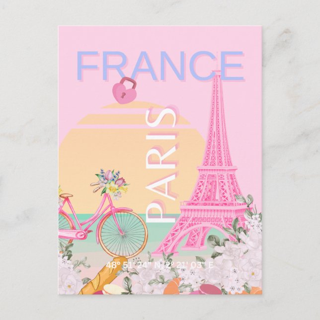 Paris, Frankrike, Travel Art, Preppy, Pastel, Rosa Helg Vykort (Framsida)