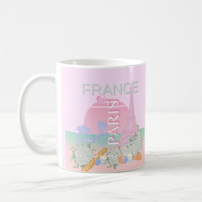 Paris, Frankrike, Travel Art, Preppy, Pastel, Rosa Kaffemugg (Vänster)