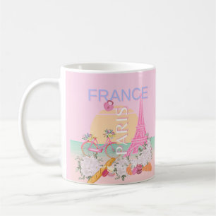 Paris, Frankrike, Travel Art, Preppy, Pastel, Rosa Kaffemugg