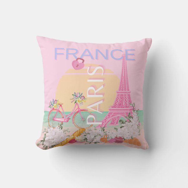 Paris, Frankrike, Travel Art, Preppy, Pastel, Rosa Kudde (Framsida)