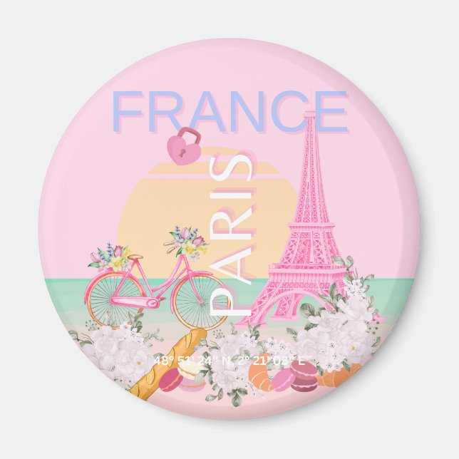 Paris, Frankrike, Travel Art, Preppy, Pastel, Rosa Magnet (Framsidan)