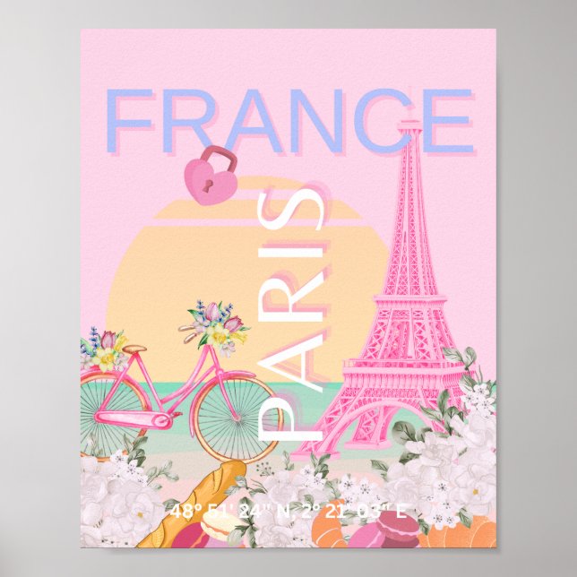 Paris, Frankrike, Travel Art, Preppy, Pastel, Rosa Poster (Framsidan)