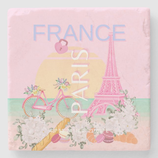 Paris, Frankrike, Travel Art, Preppy, Pastel, Rosa Stenunderlägg (Framsidan)