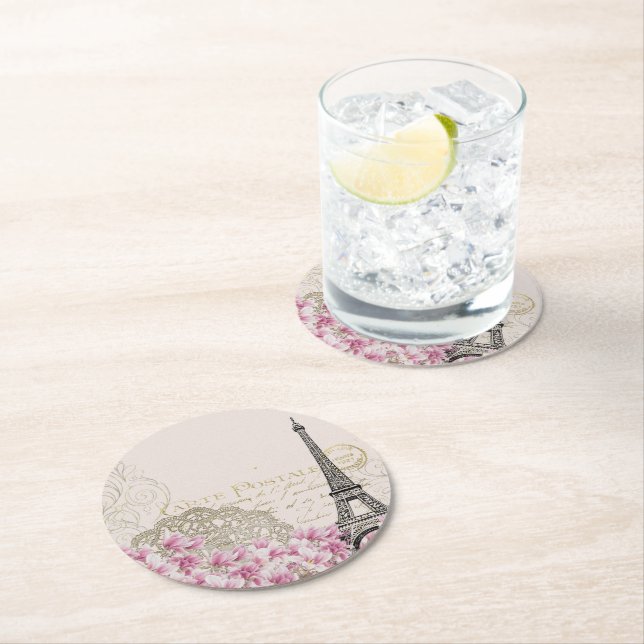 Paris Frankrike Travel Design med Eiffel Rosa ros Underlägg Papper Rund (Insitu)