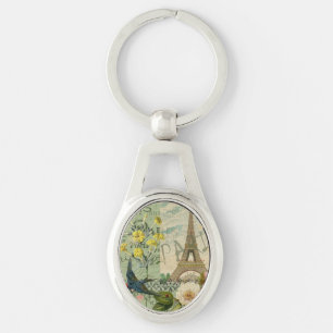 Paris Frankrike Travel Vintage Antique Art Paintin Ovalt Silverfärgad Nyckelring