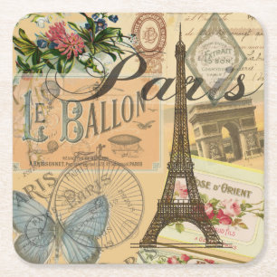 Paris Frankrike Vintage resor Colorful Artwork Underlägg Papper Kvadrat