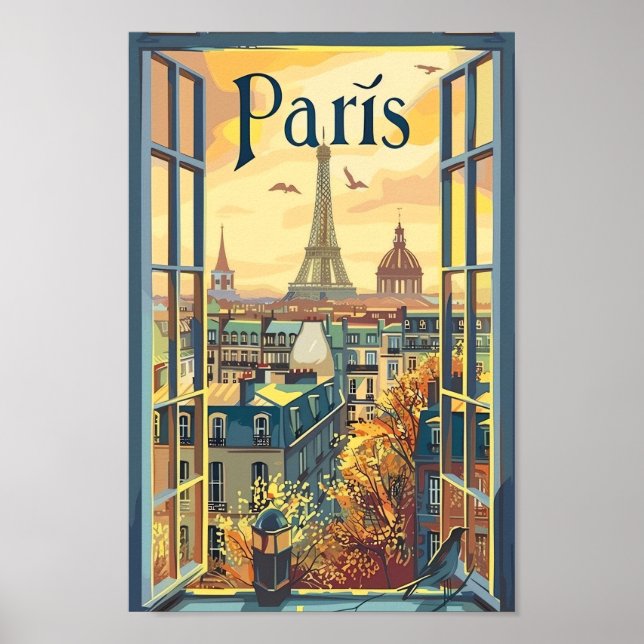 Paris Frankrike Vintage Retro Travel Illustration Poster (Framsidan)