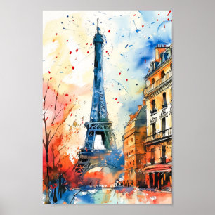 Paris Frankrike Watercolor Painting Travel Poster