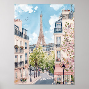 Paris Frankrike Watercolor Painting Travel Poster
