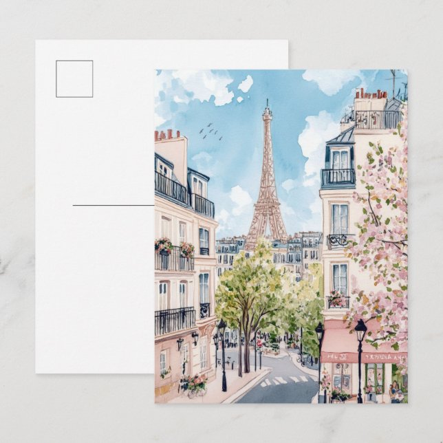 Paris Frankrike Watercolor Painting Travel Vykort (Fram/baksida)