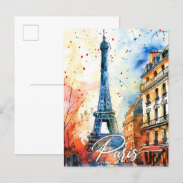 Paris Frankrike Watercolor Painting Travel Vykort