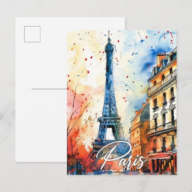 Paris Frankrike Watercolor Painting Travel Vykort (Fram/baksida)