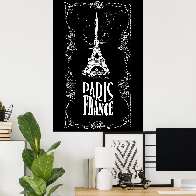 Paris Frankrike White på Black Poster (Hemmakontoret)