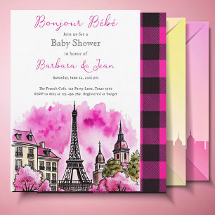 Paris Fransk Bonjour Bebe Rosa Black Baby Shower Inbjudningar