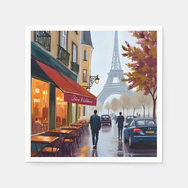 Paris Fransk Café Eiffeltornet Akvarell Pappersservett (Framsidan)