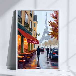 Paris Fransk Café Eiffeltornet Akvarell Poster