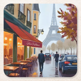Paris Fransk Café Eiffeltornet Akvarell Underlägg Papper Kvadrat