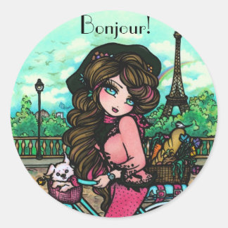 Paris Fransk Girl Bonjour Stickers av Hannah Lynn Runt Klistermärke