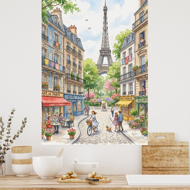 Paris-gatuakvarellaffisch, Eiffeltornet vägg Poster (Kök)