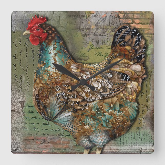 Paris Hen Clock Fyrkantig Klocka (Framsida)