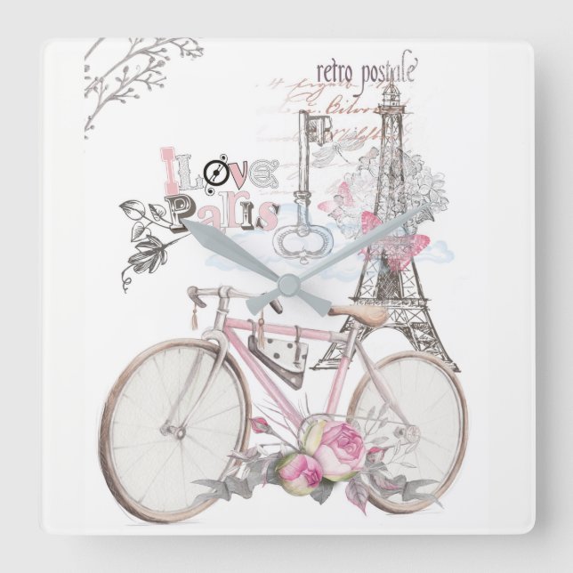 Paris i rosa vintage fyrkantig klocka (Framsida)