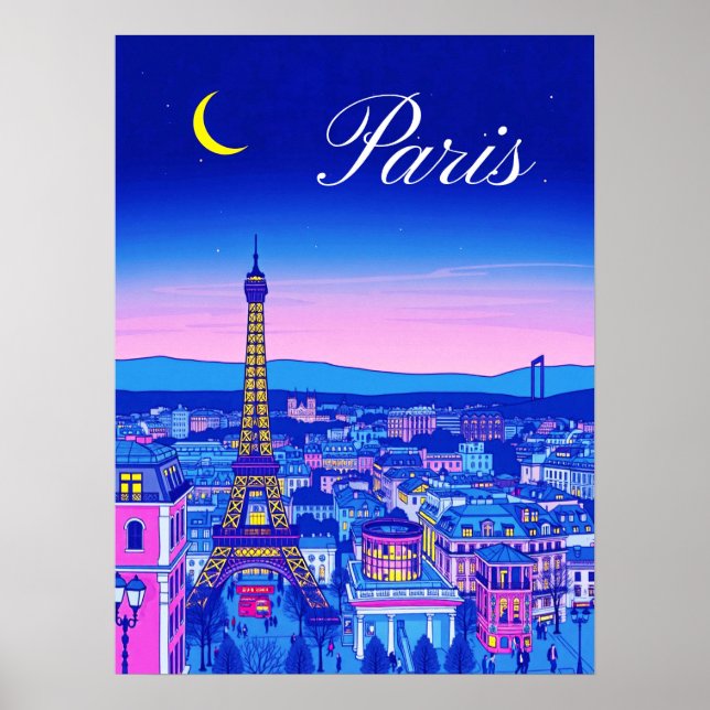Paris i skymning under en halvmåne poster (Framsidan)
