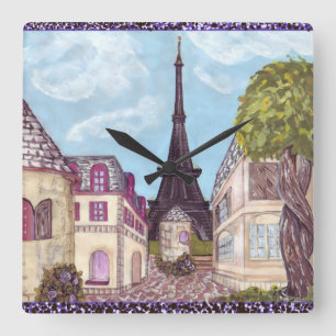 Paris inspirerade Cityscape med Eiffel som torn Fyrkantig Klocka