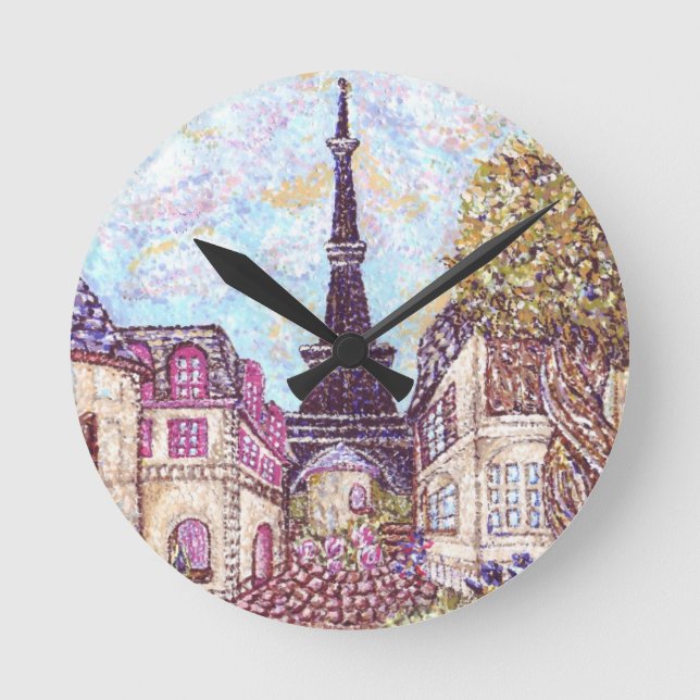 Paris inspirerat av Cityscape med Eiffel Torn Roun Rund Klocka (Framsida)