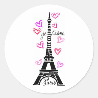 PARIS JE T'AIME EIFFEL OCH ROSA HJÄRTOR RUNT KLISTERMÄRKE